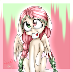 Size: 2605x2549 | Tagged: safe, artist:punzieflower2002, artist:t0xxicart, oc, oc only, pegasus, pony, collaboration, female, floppy ears, heart, heart eyes, heterochromia, high res, love letter, mare, raised hoof, sitting, solo, wingding eyes