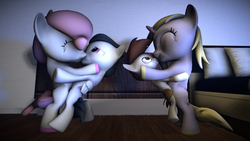 Size: 3840x2160 | Tagged: safe, artist:viranimation, dinky hooves, pipsqueak, rumble, sweetie belle, pegasus, pony, unicorn, g4, 3d, colt, cute, female, filly, high res, hoof polish, kiss on the lips, kissing, male, nail polish, ship:dinkysqueak, ship:rumbelle, shipping, source filmmaker, spin the bottle, straight