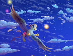 Size: 2200x1700 | Tagged: safe, artist:viwrastupr, gabby, griffon, g4, close-up, cloud, cloudy, female, flying, letter, light, night, night sky, solo, spread wings, stars