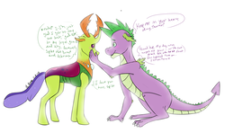 Size: 2235x1327 | Tagged: safe, artist:amandaam, spike, thorax, changedling, changeling, dragon, g4, to where and back again, blushing, comic, crying, dialogue, gay, heart, king thorax, looking at each other, love, male, older, older spike, open mouth, sad, ship:thoraxspike, shipping, simple background, sitting, smiling, story included, white background