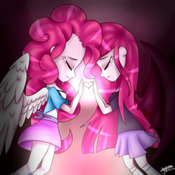 Size: 1024x1024 | Tagged: safe, artist:yupinapegasus, pinkie pie, equestria girls, g4, angelic wings, bat wings, clothes, crying, duality, duo, eyes closed, heart, pinkamena diane pie, pleated skirt, skirt, socks, wing fluff