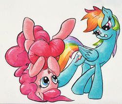 Size: 916x780 | Tagged: safe, artist:kittyhawk-contrail, pinkie pie, rainbow dash, earth pony, pegasus, pony, g4, cute, eye contact, grin, looking at each other, open mouth, smiling, smirk, traditional art, upside down, walking