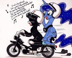 Size: 1697x1367 | Tagged: safe, artist:newyorkx3, princess luna, oc, oc:tommy junior, alicorn, earth pony, pony, g4, colt, cute, duo, eyes closed, female, friends, helmet, little honda, male, mare, motorcycle, music notes, open mouth, simple background, singing, smiling, song reference, the beach boys, traditional art, white background