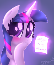 Size: 1400x1700 | Tagged: safe, artist:siggie740, twilight sparkle, pony, g4, blushing, bronybait, bust, colored pupils, cute, female, glowing horn, heart, horn, letter, levitation, looking at you, magic, raised hoof, simple background, sitting, smiling, solo, telekinesis, twiabetes, valentine, valentine's day