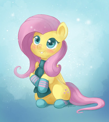 Size: 602x677 | Tagged: safe, artist:elunian, fluttershy, pegasus, pony, g4, blushing, clothes, colored pupils, cute, female, scarf, shyabetes, sitting, smiling, snow, snowfall, socks, solo