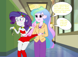 Size: 988x730 | Tagged: safe, artist:lokirofrorikstead, edit, princess celestia, principal celestia, rarity, equestria girls, g4, abuse, angry, belly button, blushing, breasts, cleavage, clothes, costume, female, holly, midriff, pain, panties, pink underwear, raribuse, ribbon, santa costume, show accurate, tube top, underwear, wedgie