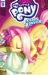 Size: 477x734 | Tagged: safe, artist:lowzirong, artist:nicowaha, artist:waha, idw, angel bunny, fluttershy, pegasus, pony, friends forever #36, g4, my little pony: friends forever, official, spoiler:comic, angelbetes, basket, blanket, cover, cute, daaaaaaaaaaaw, eyes closed, floppy ears, flower, fluttermom, kindness, lying down, shyabetes, smiling