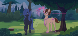 Size: 1024x479 | Tagged: safe, artist:tazzy-girl, oc, oc only, oc:neigh sayer, oc:think pink, earth pony, pony, unicorn, female, flower, forest, magic, male, mare, neink, obtrusive watermark, oc x oc, rose, shipping, stallion, straight, watermark
