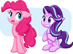 Size: 1129x845 | Tagged: safe, artist:ctb-36, pinkie pie, starlight glimmer, earth pony, pony, unicorn, g4, duo, floppy ears, gritted teeth, looking back, open mouth, sitting