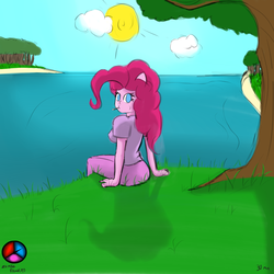 Size: 1280x1280 | Tagged: safe, artist:genericmlp, pinkie pie, earth pony, anthro, g4, beach, candy, clothes, female, food, human facial structure, lollipop, solo, sun, tree