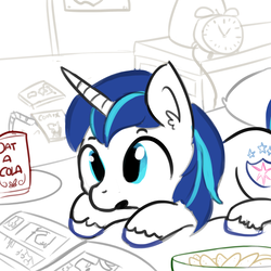 Size: 1280x1280 | Tagged: safe, artist:tjpones, shining armor, pony, unicorn, g4, chips, comic book, ear fluff, food, male, oatacola, open mouth, potato chips, prone, reading, shining adorable, soda, soda can, solo, younger