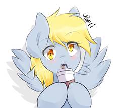 Size: 1400x1200 | Tagged: safe, artist:papibabidi, derpy hooves, pegasus, pony, g4, blushing, coffee, female, mare, simple background, solo, spread wings, white background