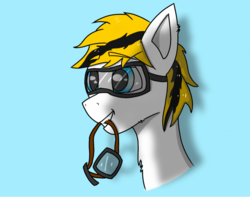 Size: 914x719 | Tagged: safe, artist:snowstormbat, oc, oc only, oc:hunter, pegasus, pony, biting, cute, goggles, male, simple background, solo, stallion