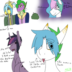 Size: 1688x1688 | Tagged: safe, artist:moonaknight13, princess celestia, spike, oc, oc:swift, demon, dragon, g4, adult spike, bush, creepy smile, death stare, fangs, offspring, older, parent:princess celestia, parent:spike, smiling, steal yo man, tail, text, tongue out