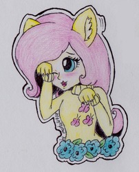Size: 869x1074 | Tagged: safe, artist:marta4708, fluttershy, human, g4, animal costume, blushing, cat costume, cat ears, catgirl, clothes, costume, ear fluff, fangs, female, fluttercat, humanized, one eye closed, solo, traditional art