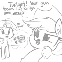 Size: 792x792 | Tagged: safe, artist:tjpones, applejack, twilight sparkle, earth pony, pony, unicorn, g4, angry, applejack is not amused, bubblegum, chest fluff, dialogue, duo, female, food, grayscale, gum, implied rarity, levitation, magic, monochrome, nose wrinkle, open mouth, sketch, smiling, telekinesis, unamused