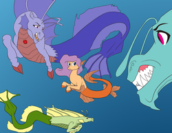 Size: 3300x2550 | Tagged: safe, artist:feroxultrus, oc, oc only, hippocampus, mermaid, merpony, siren, clothes, contest, female, high res, hungry, looking at each other, looking at someone, ocean, siren oc, territorial, underwater, water