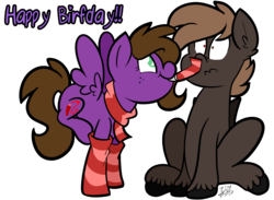 Size: 4000x2928 | Tagged: safe, artist:befishproductions, oc, oc only, oc:befish, bat pony, pegasus, pony, clothes, duo, female, freckles, happy birthday, male, mare, party horn, scarf, signature, simple background, sitting, smiling, socks, spread wings, stallion, striped socks, transparent background