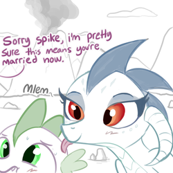 Size: 792x792 | Tagged: safe, artist:tjpones, princess ember, spike, dragon, g4, blushing, cloud, color, dialogue, female, implied marriage, licking, male, mlem, offscreen character, one sided shipping, partial color, ship:emberspike, shipping, sketch, smiling, smoke, straight, tongue out, volcano