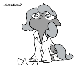 Size: 623x549 | Tagged: safe, artist:egophiliac, princess luna, alicorn, pony, moonstuck, g4, clothes, female, filly, glasses, grayscale, lab coat, monochrome, pouting, sad, science woona, simple background, sitting, solo, transparent background, tumblr, wavy mouth, woona, younger