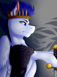 Size: 1280x1728 | Tagged: safe, artist:pinktabico, oc, oc only, oc:dominic, pegasus, pony, cloak, clothes, crown, game of thrones, hoof hold, jewelry, male, regalia, serious, serious face, solo, stallion, sword, weapon