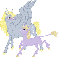 Size: 567x554 | Tagged: safe, artist:nattikay, derpy hooves, dinky hooves, classical unicorn, pony, unicorn, g4, cloven hooves, equestria's best mother, glasses, horn, leonine tail, mother and daughter, unshorn fetlocks