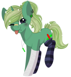 Size: 2296x2500 | Tagged: safe, artist:adostume, oc, oc only, pony, bandage, clothes, ear piercing, earring, high res, jewelry, one eye closed, piercing, simple background, socks, solo, tongue out, transparent background, wink