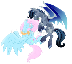 Size: 2900x2602 | Tagged: safe, artist:cranberry--zombie, oc, oc only, oc:arctic starblaze, oc:blueberry balm, bat pony, pegasus, pony, berry, female, flying, high res, male, mare, mouth hold, oc x oc, shipping, simple background, stallion, transparent background