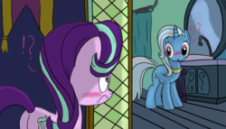 Size: 1640x939 | Tagged: safe, artist:starlightflopple, starlight glimmer, trixie, pony, unicorn, g4, :o, bathroom, blushing, butt, embarrassed, exclamation point, female, frown, interrobang, jewelry, lesbian, looking at each other, mirror, necklace, open mouth, plot, question mark, ship:startrix, shipping, surprised
