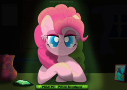 Size: 2480x1754 | Tagged: safe, artist:mew-drops, pinkie pie, earth pony, pony, g4, candy, detective, ear fluff, female, food, lollipop, picture frame, private investigator, solo, story included