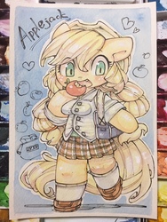 Size: 960x1280 | Tagged: safe, artist:mosamosa_n, applejack, anthro, semi-anthro, g4, apple, arm hooves, blushing, breasts, busty applejack, clothes, cowboy hat, cute, female, food, hat, moe, pleated skirt, school uniform, schoolgirl, shoes, skirt, socks, solo, stetson, traditional art, watercolor painting