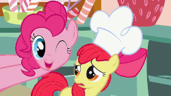 Size: 1280x720 | Tagged: safe, screencap, apple bloom, pinkie pie, earth pony, pony, call of the cutie, g4, animated, blinking, bouncing, bow, chef's hat, confused, cookie, cute, diapinkes, female, filly, food, gif, hat, looking at each other, loop, mare, one eye closed, open mouth, singing, smiling, sugarcube corner, sugarcube corner (interior), talking, wink