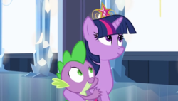 Size: 1244x705 | Tagged: safe, screencap, spike, twilight sparkle, alicorn, dragon, pony, equestria girls, g4, crystal empire, element of magic, hug, smiling, twilight sparkle (alicorn)