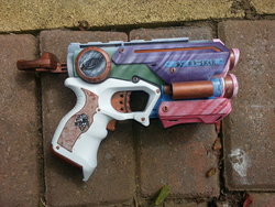 Size: 1024x768 | Tagged: safe, artist:ed-skar, princess celestia, g4, irl, my little arsenal, nerf, nerf gun, photo, weapon