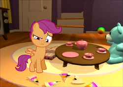 Size: 1284x908 | Tagged: safe, scootaloo, pegasus, pony, series:pony tales, g4, broken plate, female, fili-second! & the sombra from outer space!, filly, parody, plate, veggietales