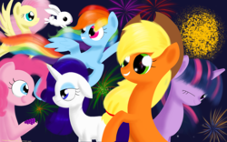 Size: 4000x2500 | Tagged: safe, artist:songbirdserenade, angel bunny, applejack, fluttershy, pinkie pie, rainbow dash, rarity, twilight sparkle, pony, g4, fireworks, food, grapes, mane six