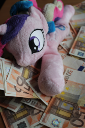 Size: 3456x5184 | Tagged: artist needed, safe, derpibooru exclusive, princess cadance, alicorn, pony, g4, absurd resolution, bank note, bed of money, euro, gold digger, irl, money, photo, plushie, solo, teen princess cadance