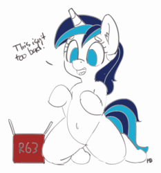 Size: 1280x1371 | Tagged: source needed, safe, artist:pabbley, shining armor, pony, unicorn, g4, anatomically incorrect, belly button, box, colored, cute, dialogue, ear fluff, gleamibetes, gleaming shield, happy, implied transgender transformation, incorrect leg anatomy, kneeling, open mouth, rule 63, rule63betes, shining adorable, simple background, smiling, solo, white background