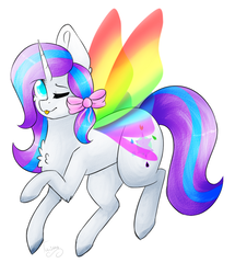 Size: 761x884 | Tagged: safe, artist:twinkepaint, oc, oc only, oc:water lili, pony, unicorn, colored wings, female, glimmer wings, gradient wings, mare, multicolored wings, one eye closed, rainbow wings, simple background, solo, tongue out, white background, wings, wink