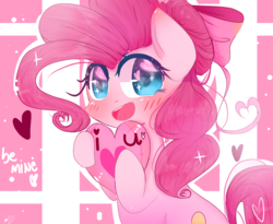 Size: 1516x1242 | Tagged: safe, artist:windymils, pinkie pie, earth pony, pony, g4, blushing, bow, cute, female, hair bow, heart, heart eyes, looking at you, mare, open mouth, signature, smiling, solo, sparkles, valentine's day, wingding eyes
