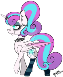 Size: 800x983 | Tagged: safe, artist:yupinapegasus, princess flurry heart, alicorn, pony, g4, choker, clothes, ear piercing, female, heart eyes, horn, horn ring, lidded eyes, lip piercing, older, piercing, princess emo heart, punk, simple background, socks, solo, spiked choker, striped socks, transparent background, watermark, wingding eyes