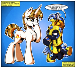 Size: 5400x4770 | Tagged: safe, artist:gray--day, oc, oc only, oc:starlight, oc:swift, pegasus, pony, unicorn, absurd resolution, armor, chest fluff, cute, dialogue, giggling, open mouth, raised hoof, royal guard, sitting, speech bubble