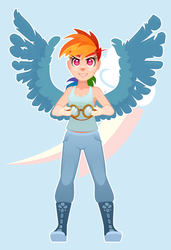 Size: 575x839 | Tagged: safe, artist:gor1ck, rainbow dash, human, g4, clothes, female, goggles, humanized, pants, solo, winged humanization, wings