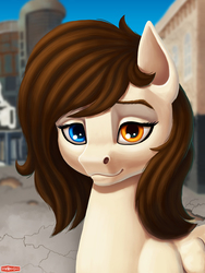 Size: 960x1280 | Tagged: safe, artist:wwredgrave, oc, oc only, oc:motley cloud, pegasus, pony, fallout equestria, brown mane, fallout equestria: parallelism, female, heterochromia, looking at you, mare, multicolored iris, scenery, solo, wavy mouth