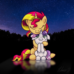 Size: 1024x1024 | Tagged: safe, artist:helmie-art, sunset shimmer, sweetie belle, pony, unicorn, g4, :3, cute, diasweetes, duo, eyes closed, female, filly, floppy ears, hug, looking up, mare, shimmerbetes, sitting, smiling, stars