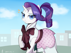 Size: 1024x768 | Tagged: safe, artist:haden-2375, rarity, pony, unicorn, rarity investigates, alternate hairstyle, building, city, clothes, cloud, dress, eyeshadow, female, grin, lidded eyes, looking at you, makeup, ponytail, raised hoof, signature, sky, smiling, solo