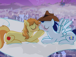 Size: 2564x1932 | Tagged: safe, artist:shutterflyeqd, braeburn, soarin', earth pony, pegasus, pony, g4, accessory swap, backwards cutie mark, cloud, gay, kiss on the lips, kissing, male, ponyville, ship:soarburn, shipping, stallion