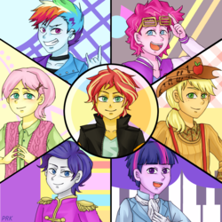 Size: 900x900 | Tagged: safe, artist:prk, applejack, fluttershy, pinkie pie, rainbow dash, rarity, sunset shimmer, twilight sparkle, equestria girls, friendship through the ages, g4, my little pony equestria girls: rainbow rocks, '90s, 2000s, 50s, 60s, 70s, 80s, applejack (male), bubble berry, butterscotch, clothes, devil horn (gesture), dusk shine, elusive, equestria guys, humane six, looking at you, male, open mouth, pixiv, prince dusk, rainbow blitz, rule 63, shutter shades, sunglasses, sunset glare