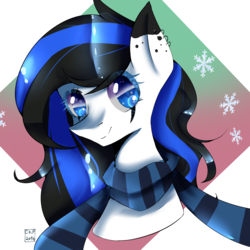 Size: 1400x1400 | Tagged: safe, artist:cheetospony, oc, oc only, pony, abstract background, bust, clothes, ear piercing, female, mare, piercing, portrait, scarf, solo