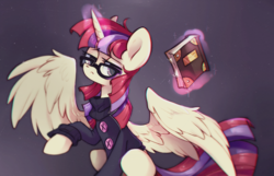 Size: 1280x822 | Tagged: safe, artist:angrygem, artist:mirtash, moondancer, alicorn, pony, rcf community, g4, alicornified, book, chromatic aberration, clothes, collaboration, female, glasses, glowing, glowing horn, horn, levitation, looking at you, magic, magic aura, mare, moondancercorn, race swap, simple background, solo, sweater, telekinesis, unamused, wings